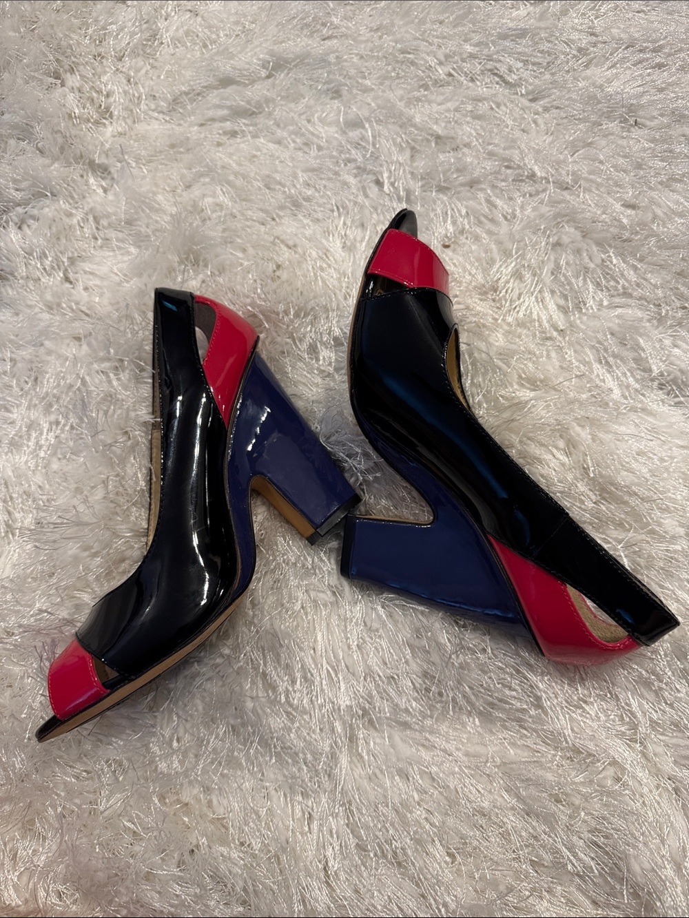 Women’s Patent Peep-Toe Block Heel Pumps - Black, Deep Purple Heel, and Hot Pink - Picture 6 of 14